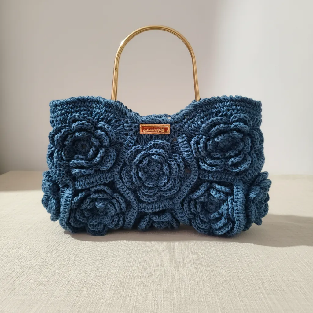 Mavi Kağıt İp Abiye Güllü Çanta - Özel Tasarım