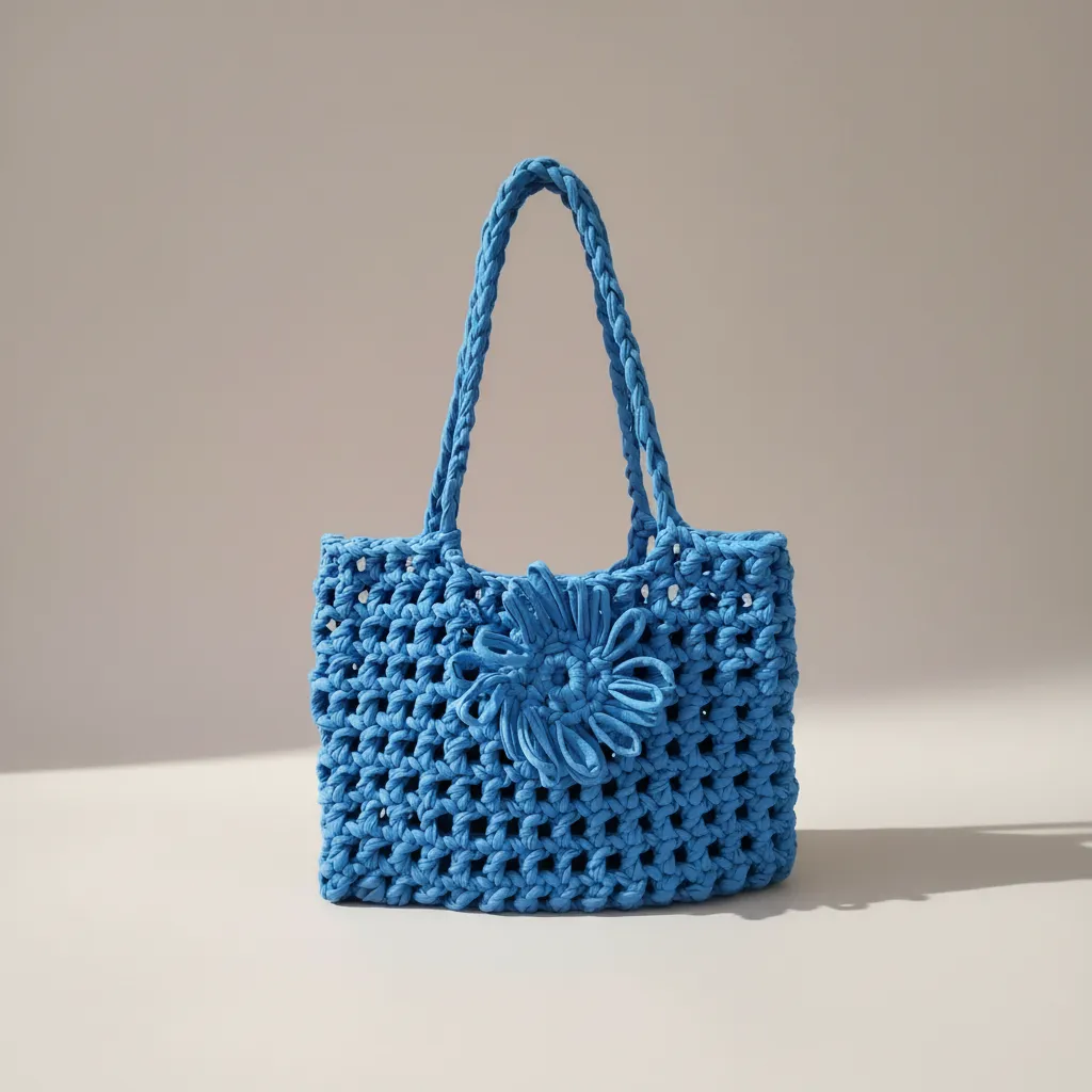 Blue Mesh Bag - Stylish Design from T-shirt Yarn for Beach and Daily Use