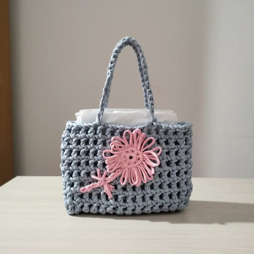 Gri Penye İpten Örgü Çanta Pembe Çiçek Detaylı Şık Tasarım