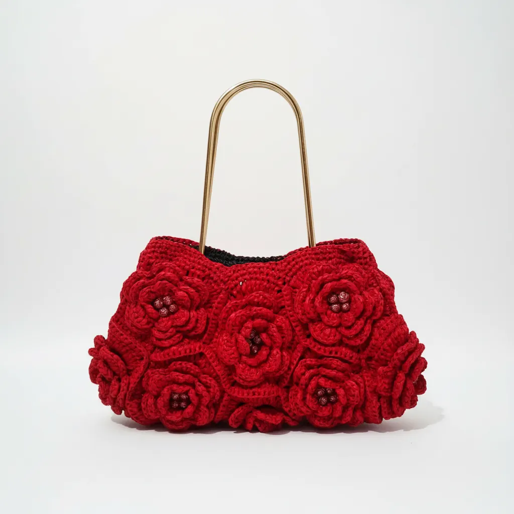 Kağıt İp Örgü Abiye Çanta Kırmızı Renkli Çiçek Desenli
