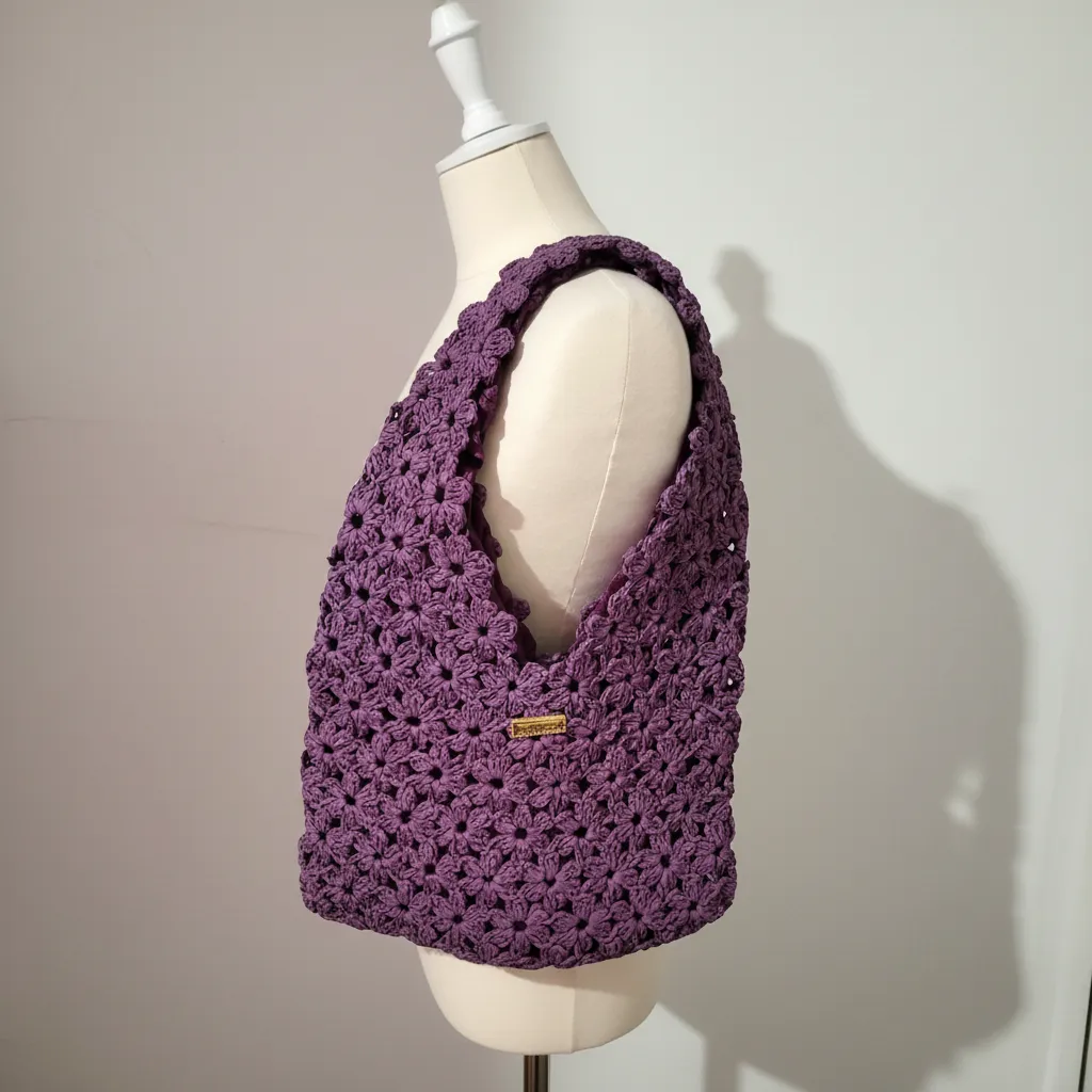 Mor Rafya İp Çiçek Desenli Omuz Çantası Plaj Çantası