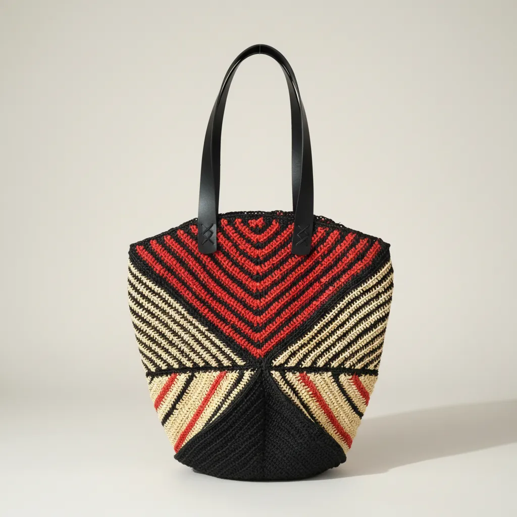 Kağıt İp Puzzle Çanta Büyük Boy - Turuncu, Siyah ve Bej Renkli