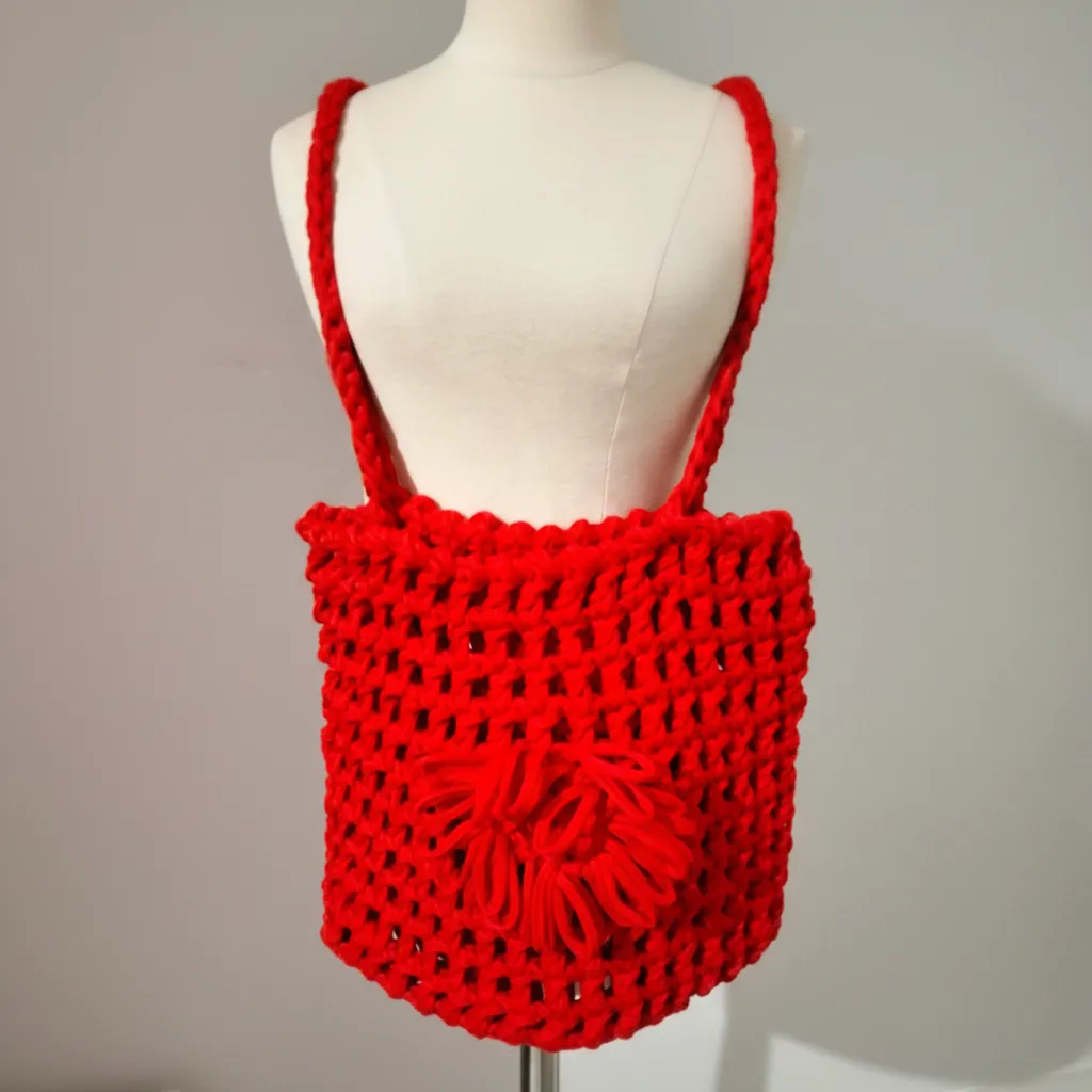 Kırmızı Penye İp File Çanta - Makrome Çiçek Detaylı