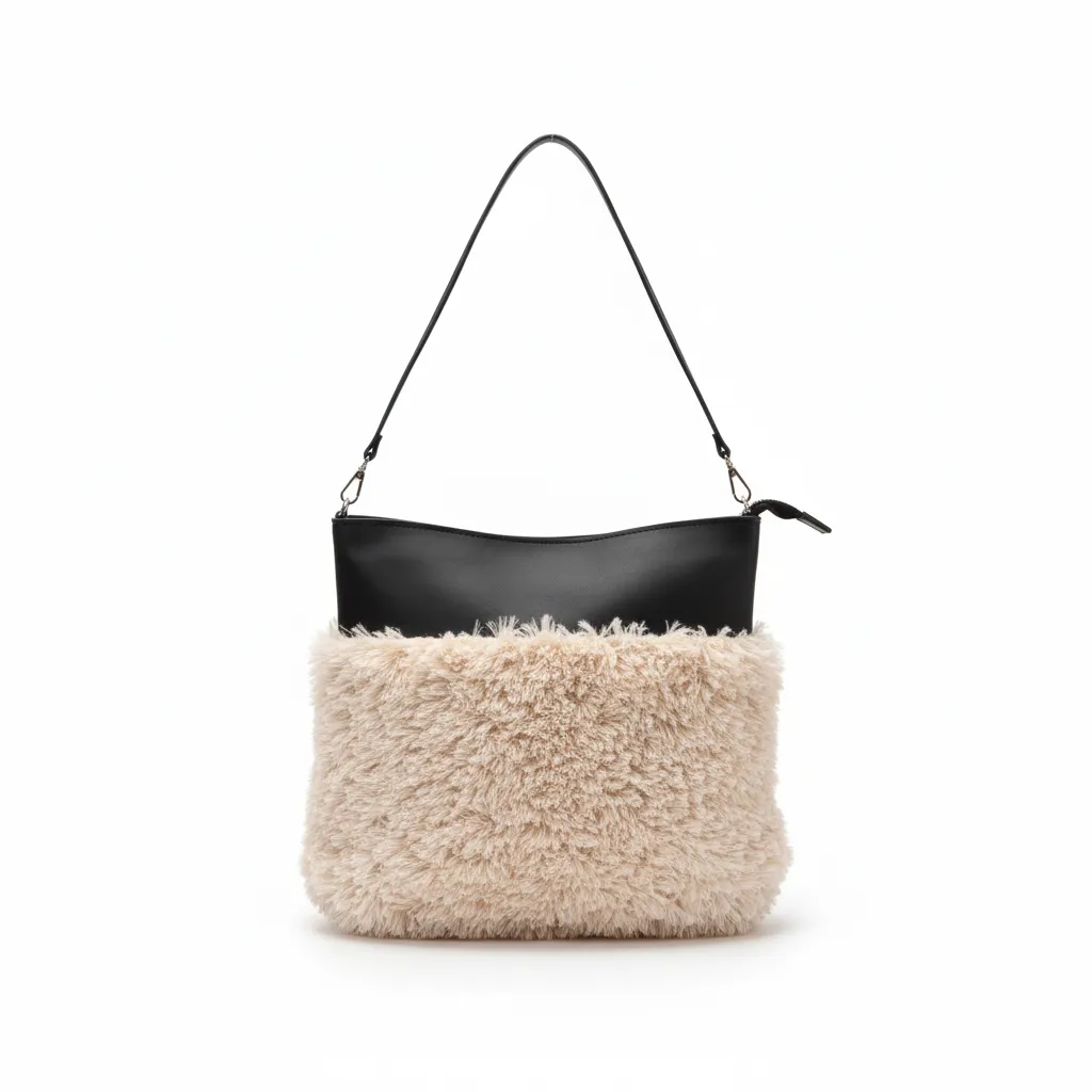 Siyah Deri Detaylı Krem Rengi Peluş Yumuşak Omuz Çantası
