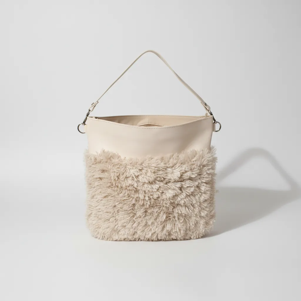 Krem Rengi Tüylü Omuz Çantası - Yumuşak Dokulu Kışlık Çanta
