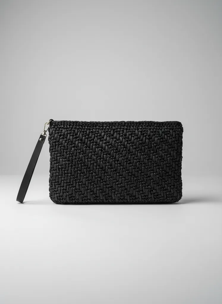 Siyah Rafya İp Clutch Çanta - Astarlı ve Fermuarlı