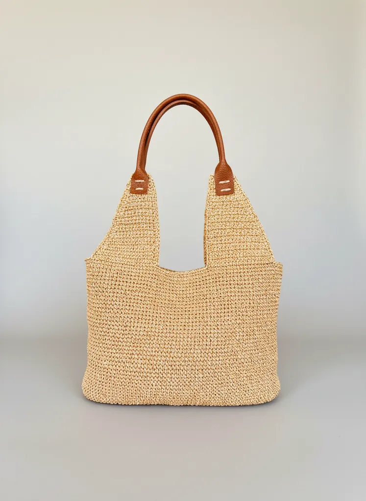 Kâğıt İp Plaj Çantası - Kahverengi Deri Detaylı Hasır Omuz Çantası