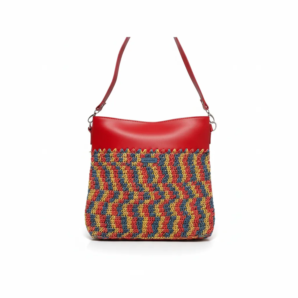 Kağıt İp Ebruli Desenli Omuz Çantası - Kırmızı ve Çok Renkli
