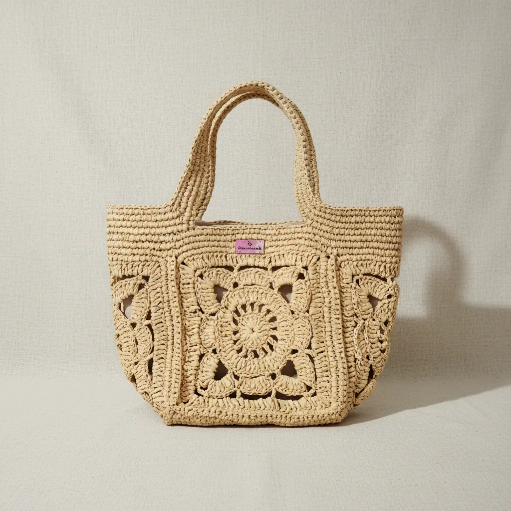Kağıt Rafya İp Örgü Çanta - Motifli Astarlı Yazlık Plaj Çantası