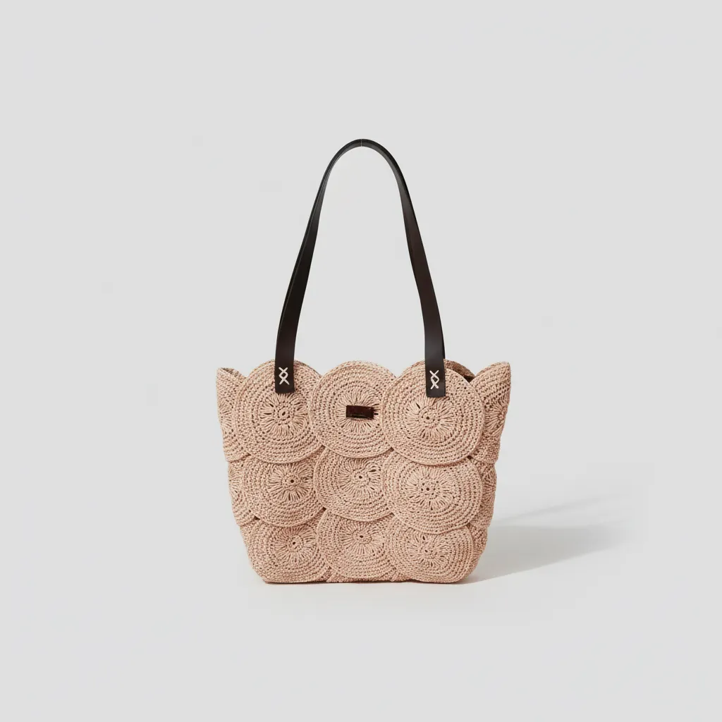 Kağıt İp Örgü Motifli Pudra Renkli Omuz Çantası