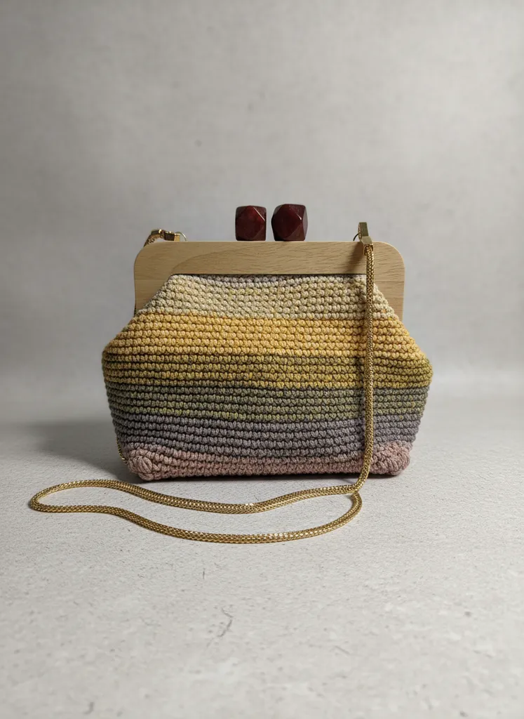 Ahşap Burslu Makrome Çanta - 20 cm Sarı Gri Tonlamalı