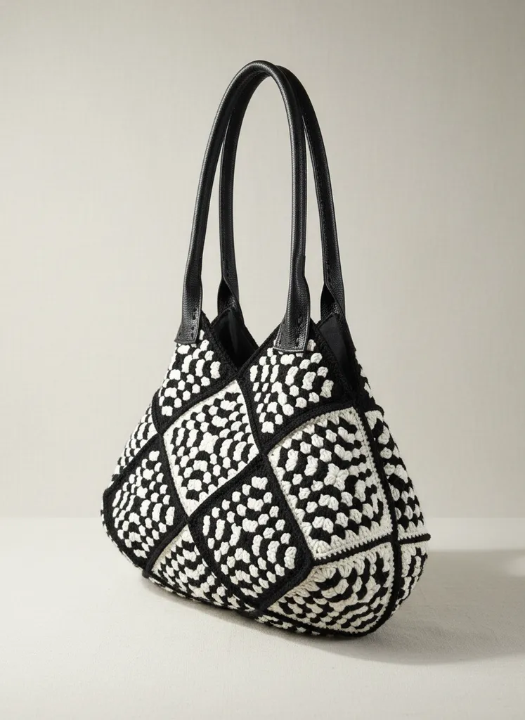 Black and White Square Patterned Hand Knit Lined Shoulder Bag (40x25cm)