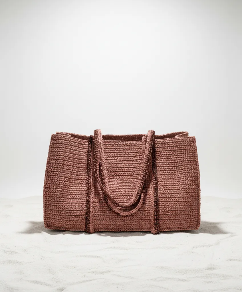 XXL Boyutlu El Örgüsü Kâğıt İp Metalik Plaj Çantası - Kahverengi