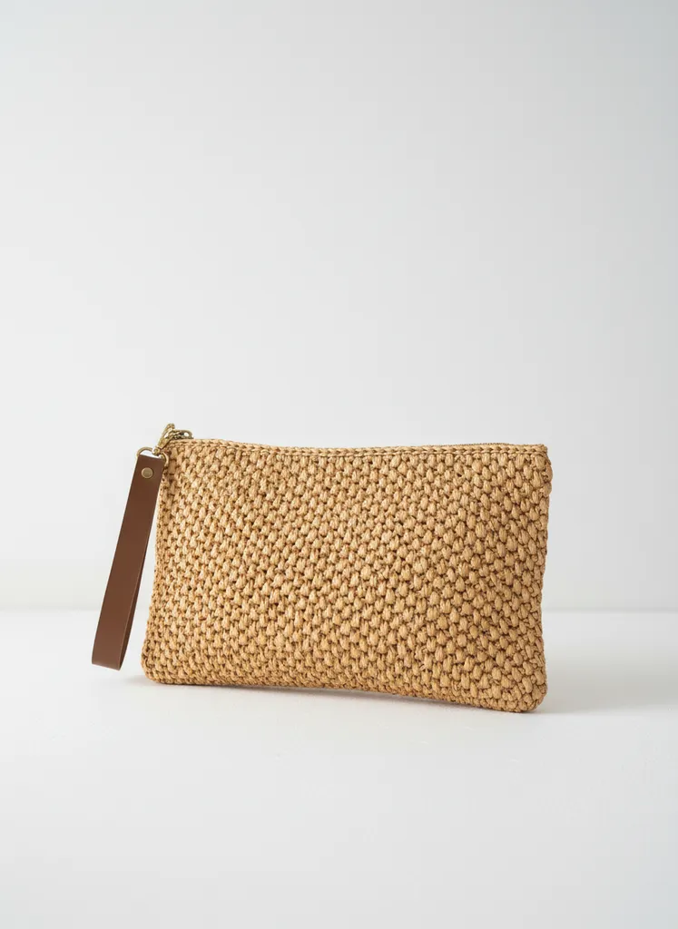 El Örgüsü Rafya İp Clutch Çanta - Fermuarlı, Astarlı ve Elcikli