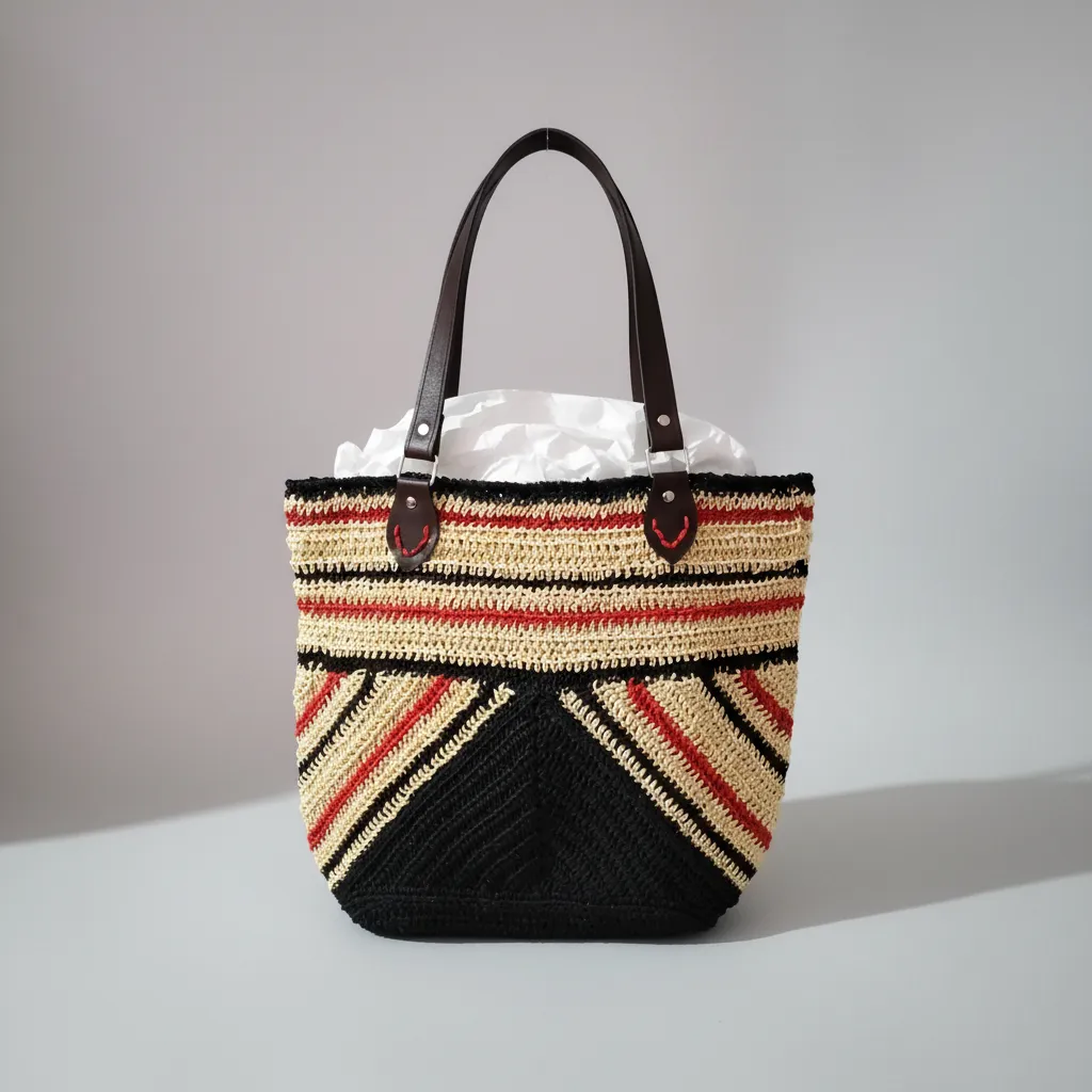 Kağıt İp Örgü Plaj Çantası - Siyah, Bej ve Kırmızı Desenli