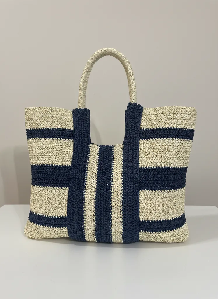 Lacivert Krem Çizgili Örgü Plaj Çantası Büyük Boy Kadın Kol Çantası