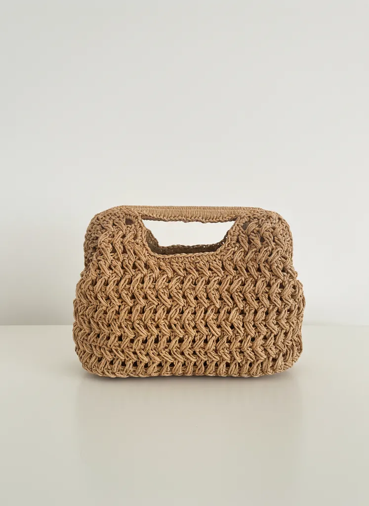 El Yapımı Kağıt İp Örgü Omuz Çantası - Doğal Renk Burslu Model