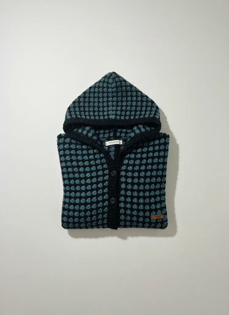 Green and Black Colored Hand Knitted Hooded Cardigan Wool Sweater