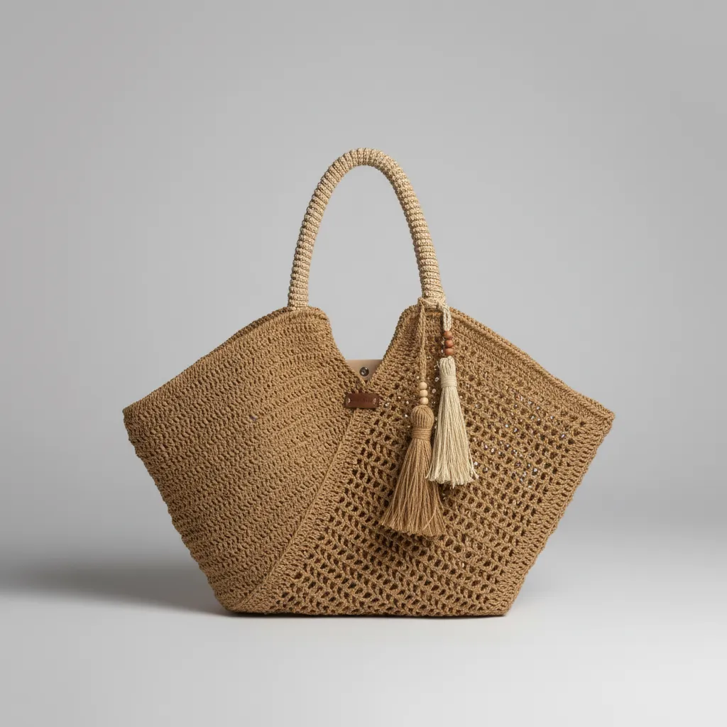 Kağıt İp Plaj Çantası - XL Boyut, Çıtçıtlı ve Püsküllü Tasarım