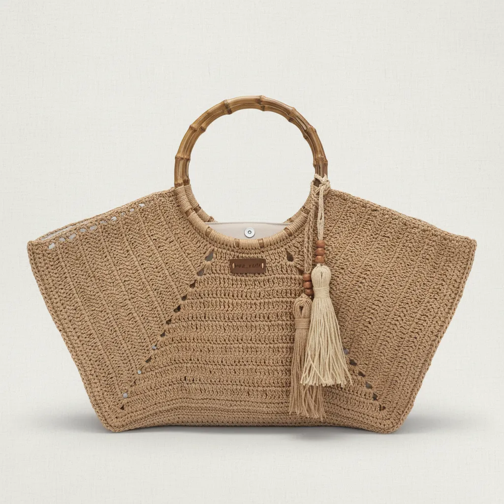 Kağıt İp Plaj Çantası - Ahşap Saplı, Astarlı ve Çıtçıtlı