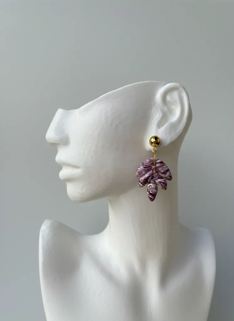 Purple and White Marble Patterned Polymer Clay Leaf Earring