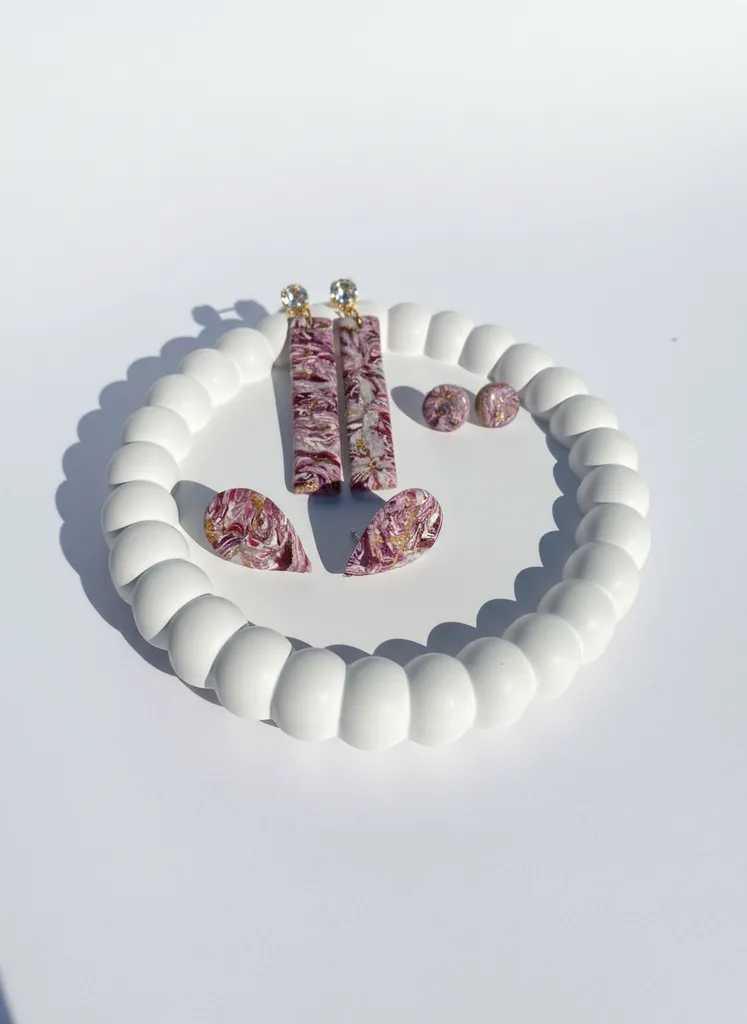Triple Polymer Clay Earring Set - Purple White Patterned Stylish Design