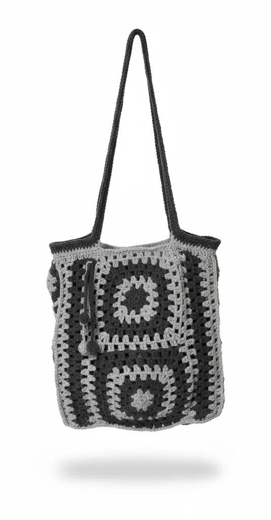 Gray and White Colored Hand Knitted Motif Lined Bag