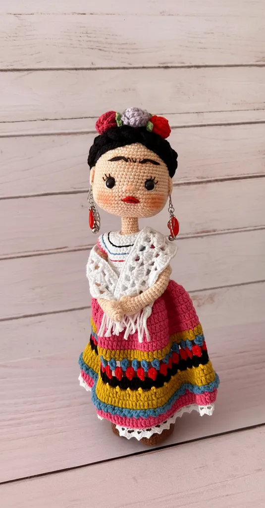 Tığ İşi Organik Oyuncak Kız Bebek Frida Kahlo Tasarımı