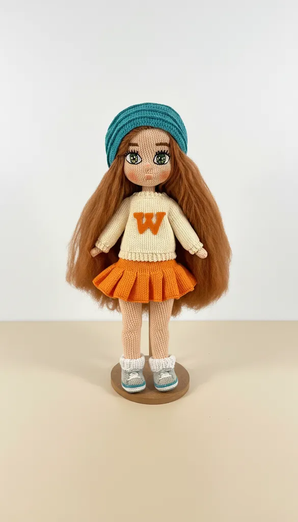 El Yapımı Amigurumi Kız Bebek Oyuncak - Turuncu Etekli ve Mavi Bereli