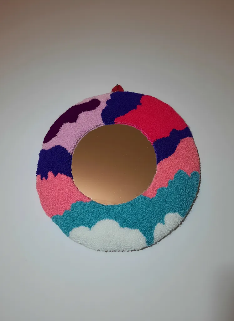 Handmade Punch Embroidery Round Mirror - Colorful Decorative Wall Mirror