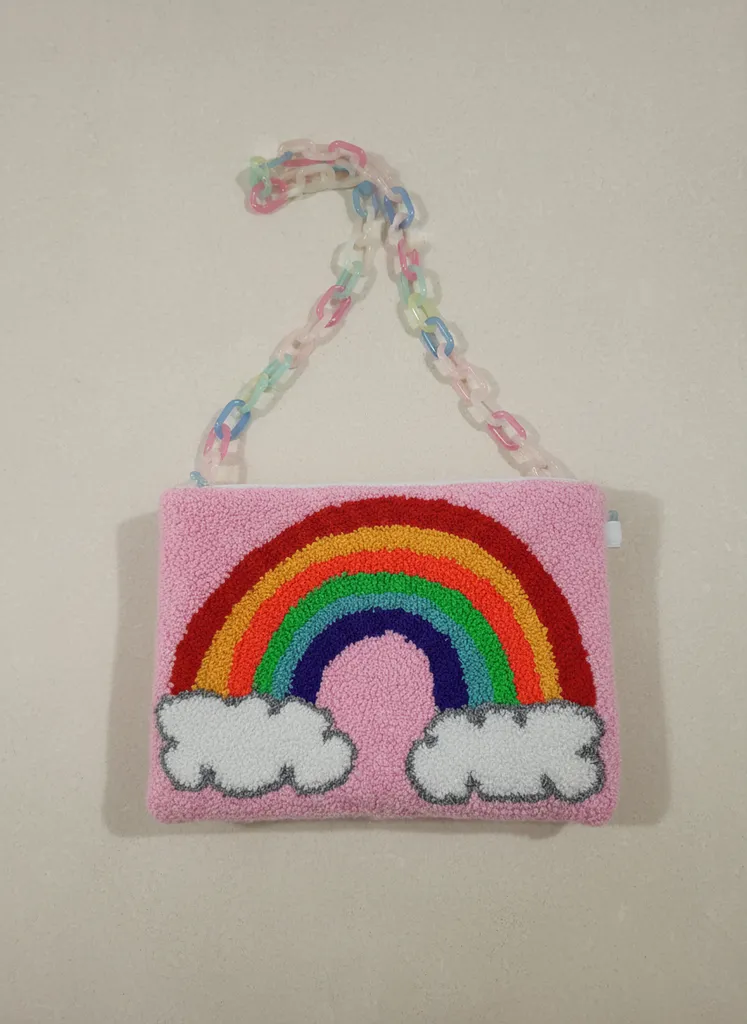 Rainbow and Cloud Patterned Punch Embroidered Children's Bag - Chain Strap