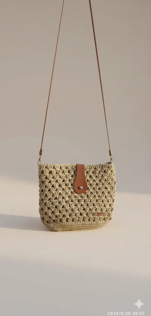 El Örgüsü Kağıt İp Omuz Çantası - Kahverengi Deri Detaylı Çapraz Çanta