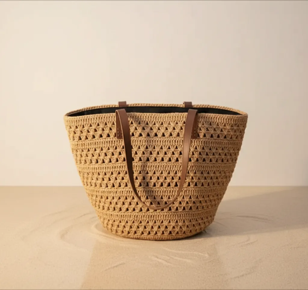 El Yapımı Bej Kağıt İp Örgü Omuz Çantası - Kahverengi Deri Saplı