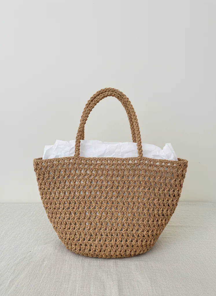 El Yapımı Bej Kağıt İp Örgü Omuz Çantası - Hasır Plaj Çantası
