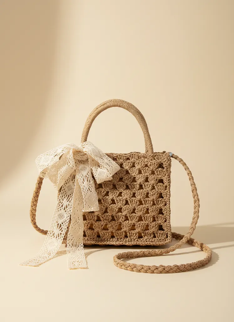 Bej Kâğıt İp Örgü Omuz ve Plaj Çantası - Burslu Model