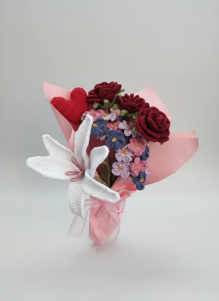 Handmade Crochet Rose, Lily and Heart Figure Special Design Flower Bouquet
