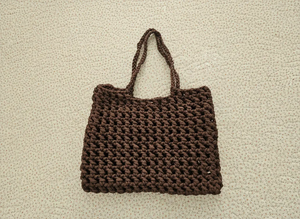El Yapımı Kahverengi Penye İpten Örme File Çanta - Şık ve Kullanışlı