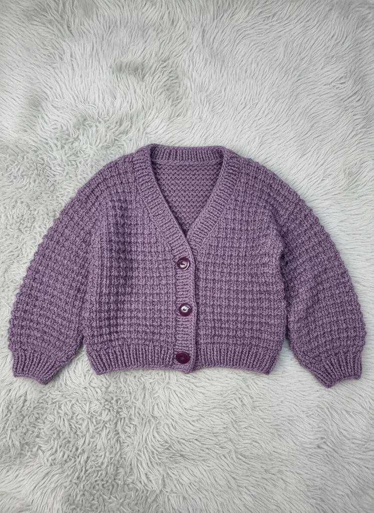 Lila El Örgüsü Yün Hırka - Bol Kesim, Düğmeli, S/M/L Bedene Uygun