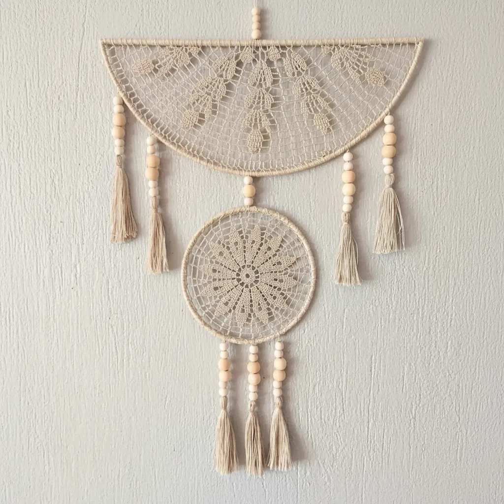 Bej El Yapımı Makrome Rüya Kapanı - Ahşap Boncuklu Dekoratif Duvar Süsü