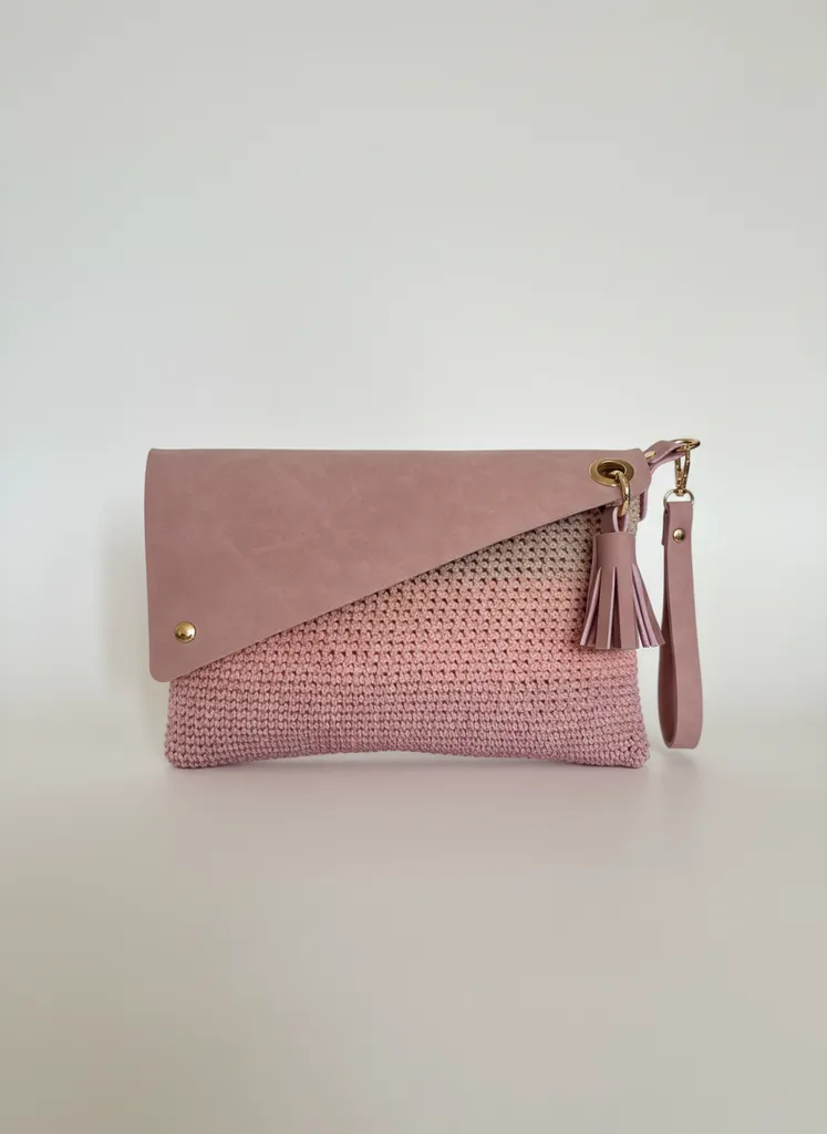 El Örgüsü Pembe Portföy Çanta - Deri Kapaklı Özel Tasarım