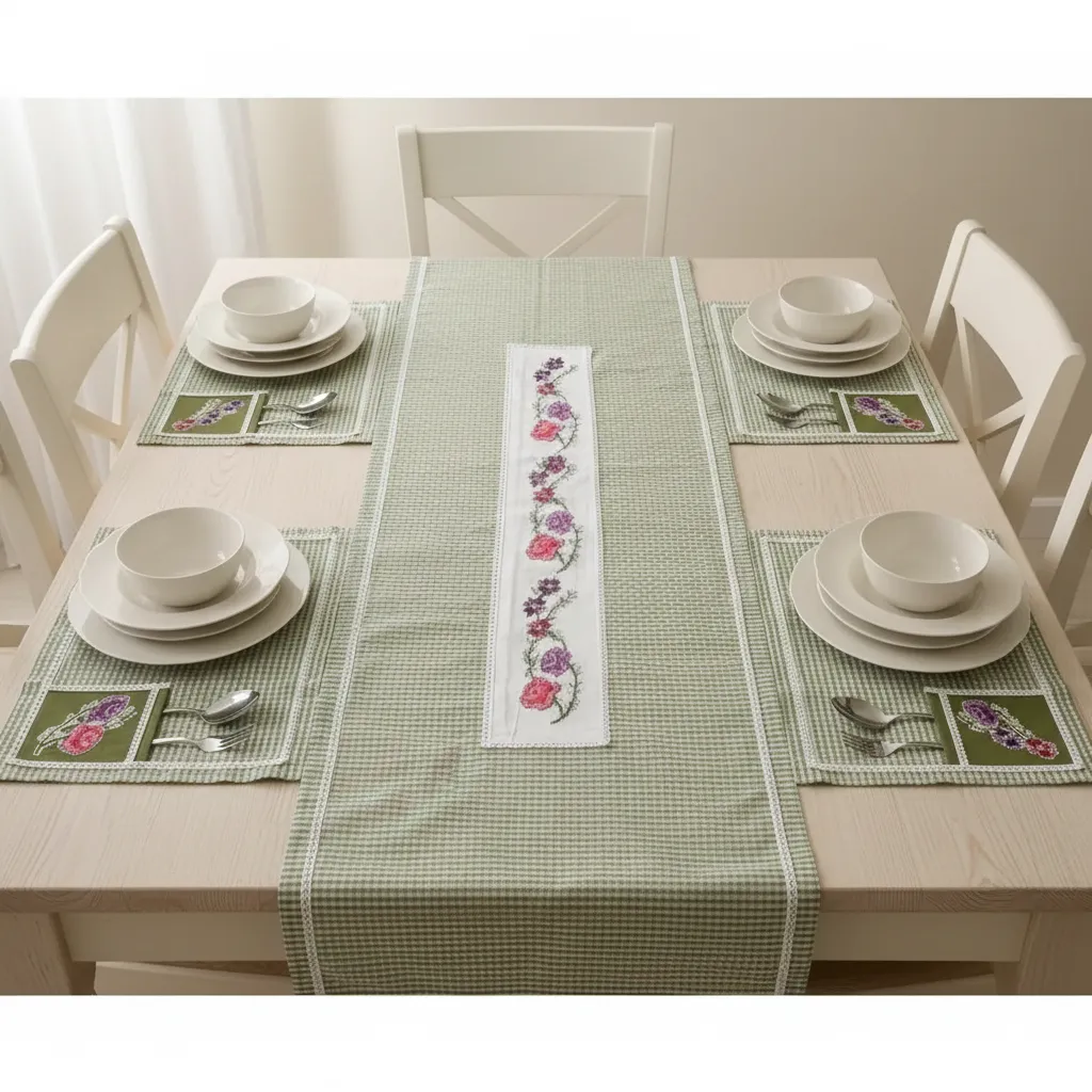 Green Plaid Patterned Handmade 6 Person Tablecloth Set