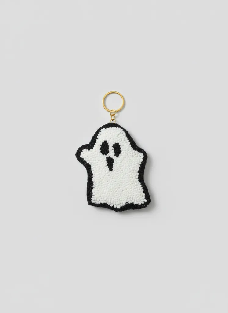 White Ghost Themed Punch Embroidery Handmade Keychain (Halloween)