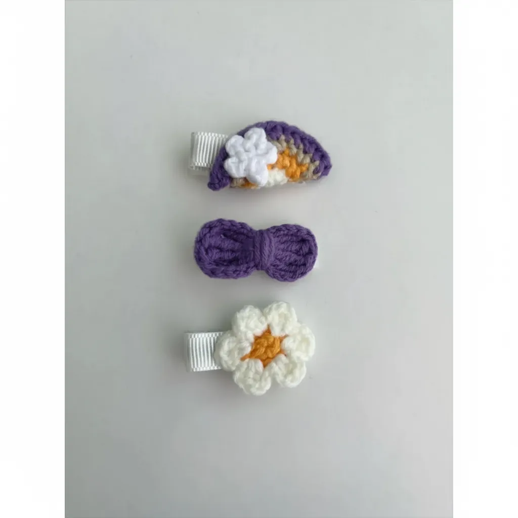 Hand Knitted 3-Piece Baby Hair Clip Set - Purple Bow, Daisy, Rainbow Patterned