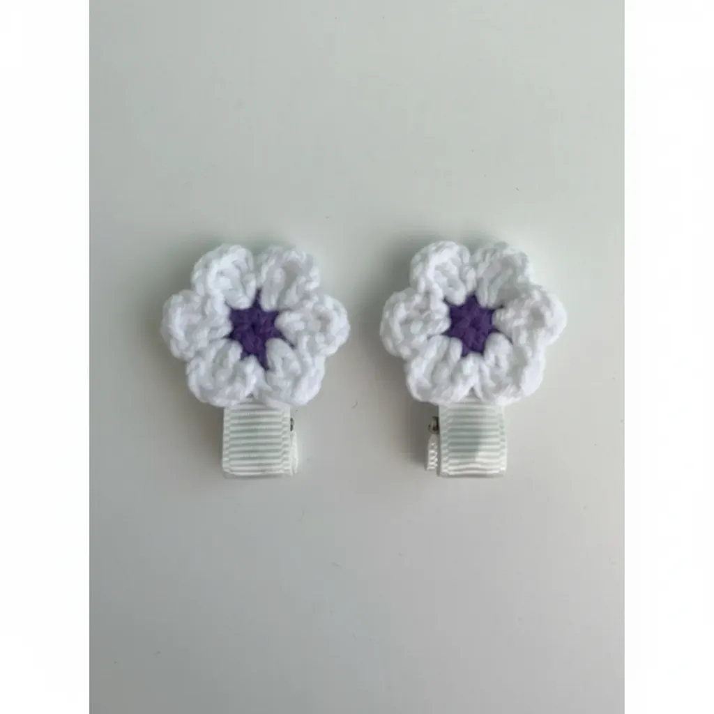 Papatya Motifli Bebek Tokası - Beyaz ve Mor Renkli 2'li Set