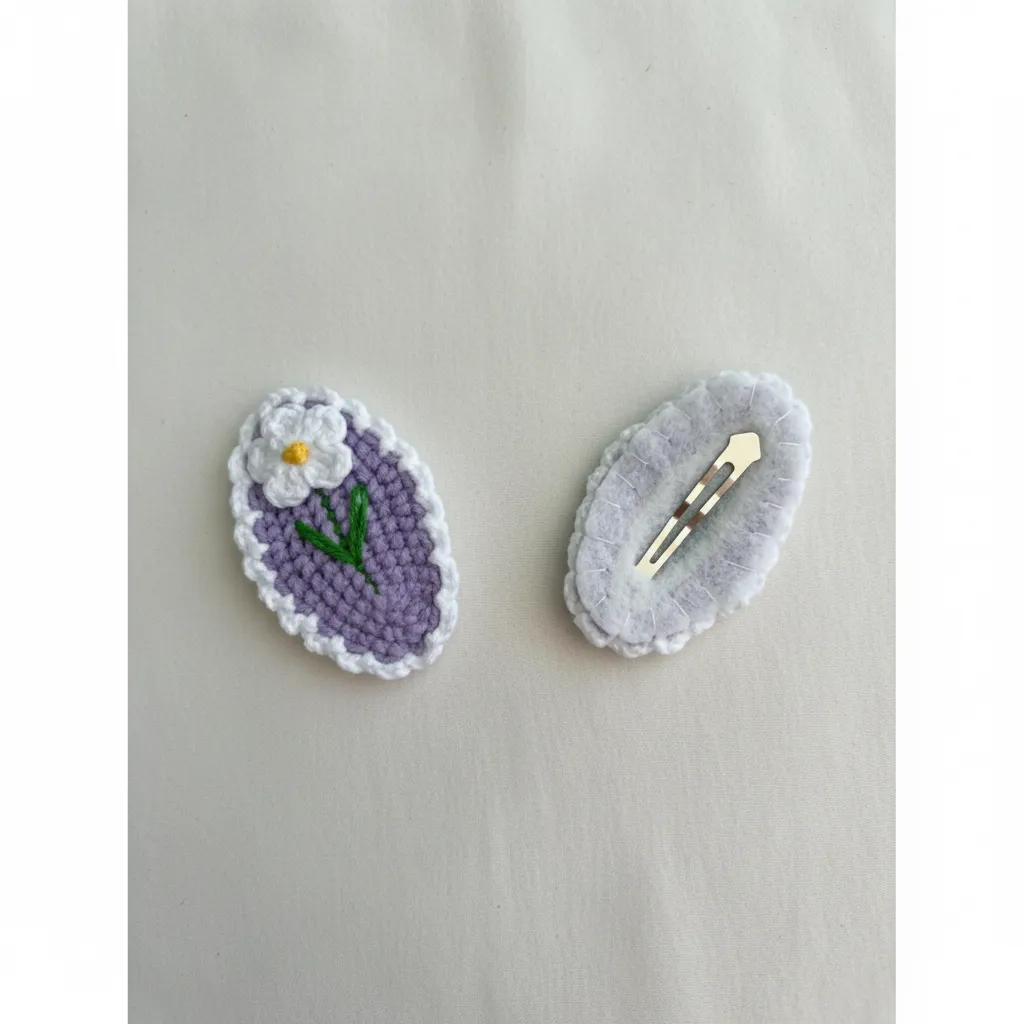 Hand Knit Daisy Pattern Purple Hair Clip Set (2 Pieces) - Hair Accessory