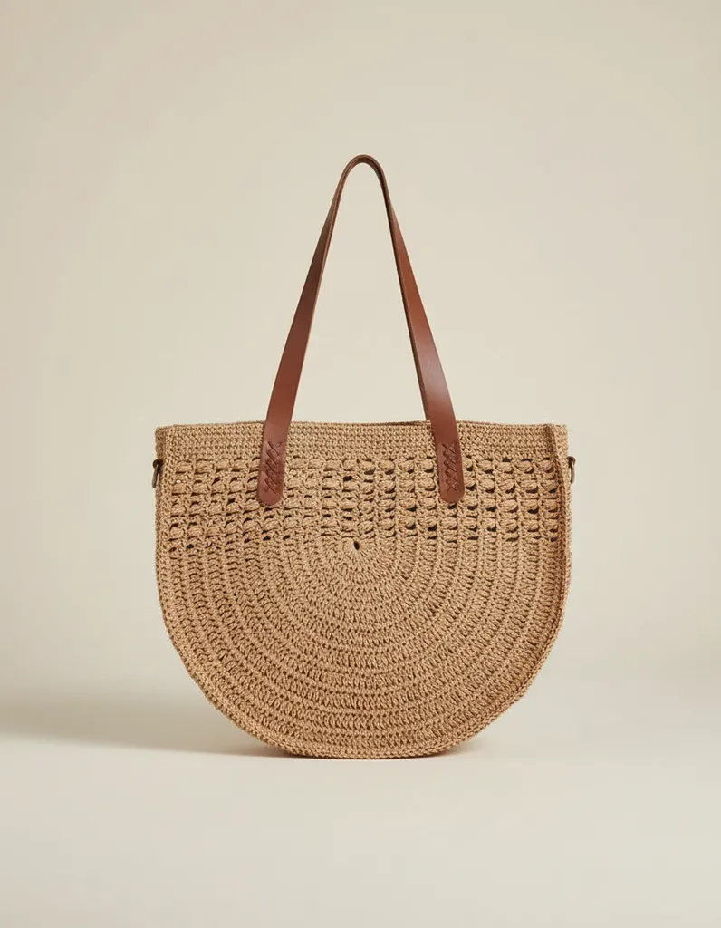 El Örgüsü Kâğıt İp Plaj Çantası - Kahverengi Deri Detaylı Omuz Çantası