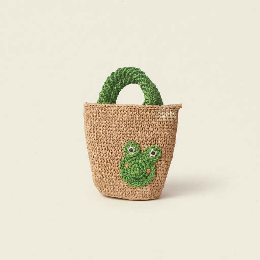 Yeşil Kurbağa Detaylı Örgü Kâğıt İp Çocuk Çantası - El Yapımı