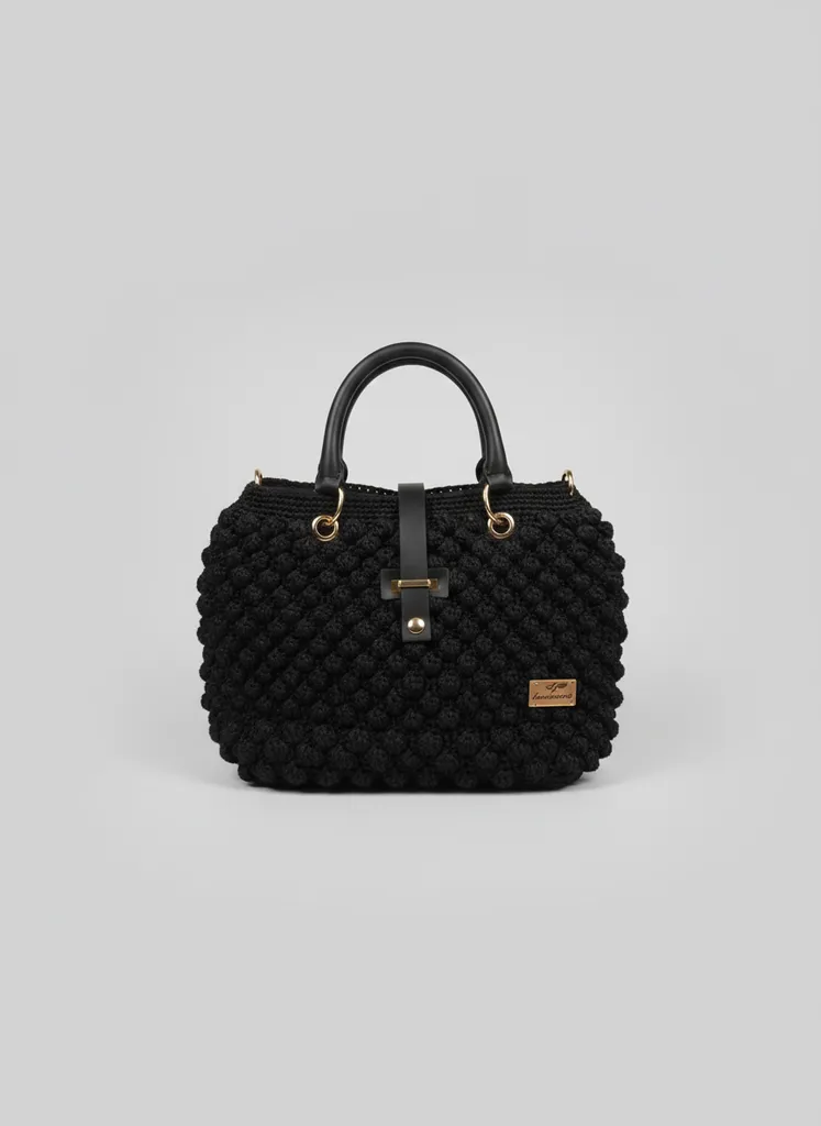 Siyah Popcorn Desenli Deri Saplı Omuz ve Kol Çantası