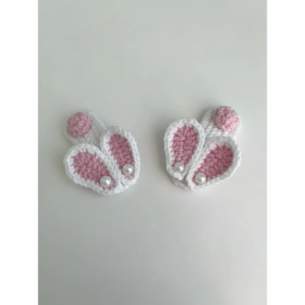 Hand Knitted Rabbit Ear Snap Clip Set - Pink and White Pearl Detailed