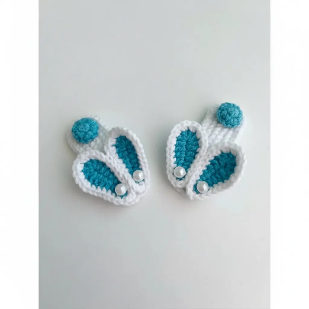 Hand Knitted Rabbit Ear Snap Hair Clip Set - Blue and White Colored, Pearl Detailed
